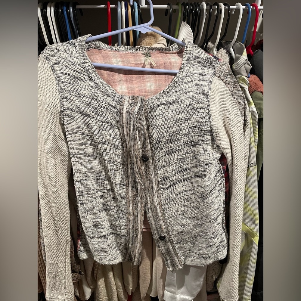 Gimmicks by buckle Knit cardigan button front with woven back accent